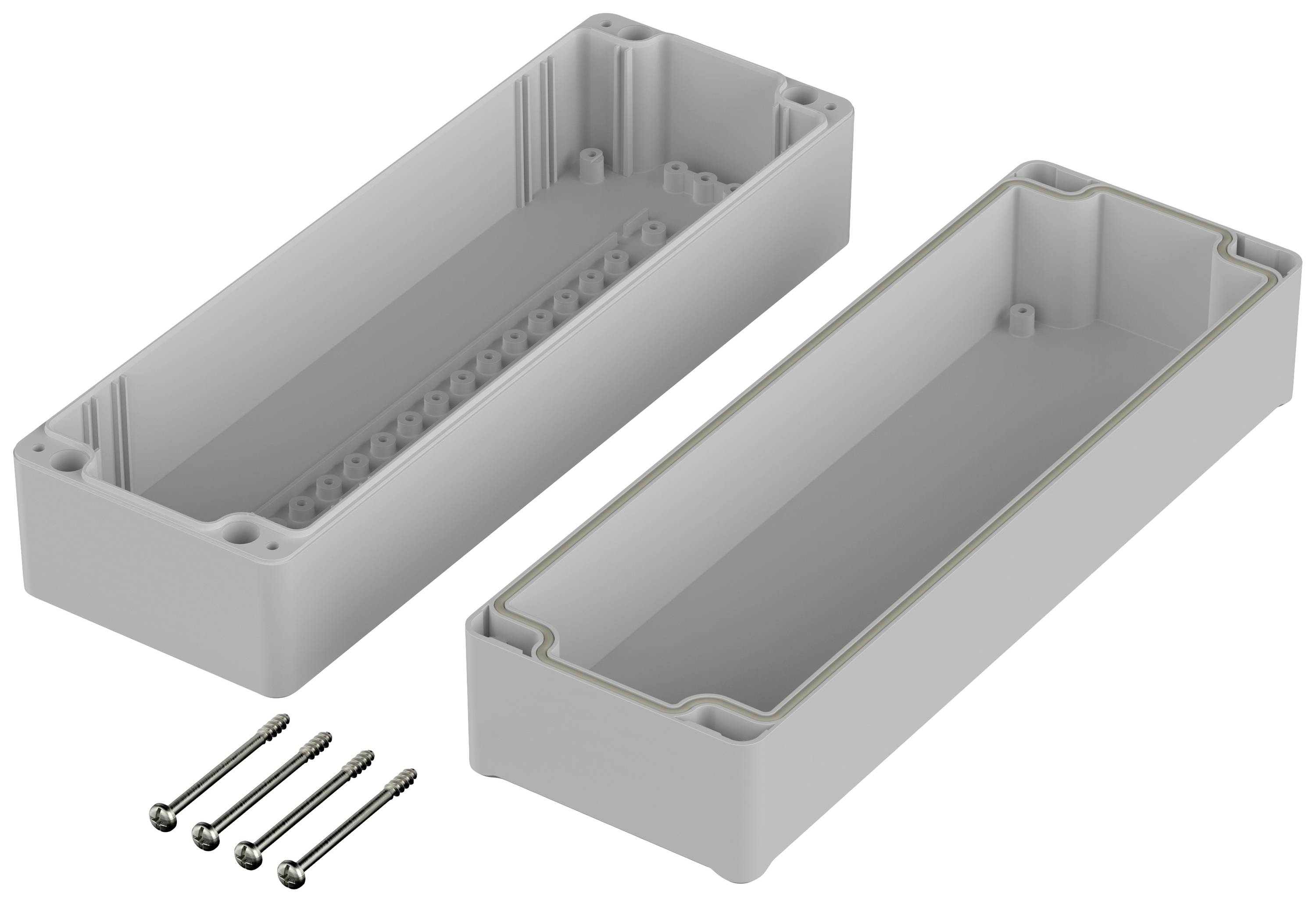 Boîtier rectangulaire gris en deux parties, rabattable, avec quatre vis à côté.