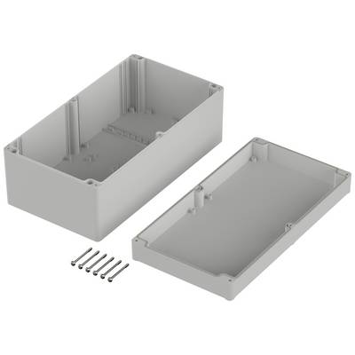 Boîtier en plastique, ouvert. Deux parties côte à côte avec des vis visibles. Utilisé pour le montage électronique et la protection.