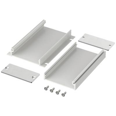 Deux rails en aluminium avec des plaques de fixation et quatre vis, représentés comme un ensemble de montage démontable pour équipements électroniques.