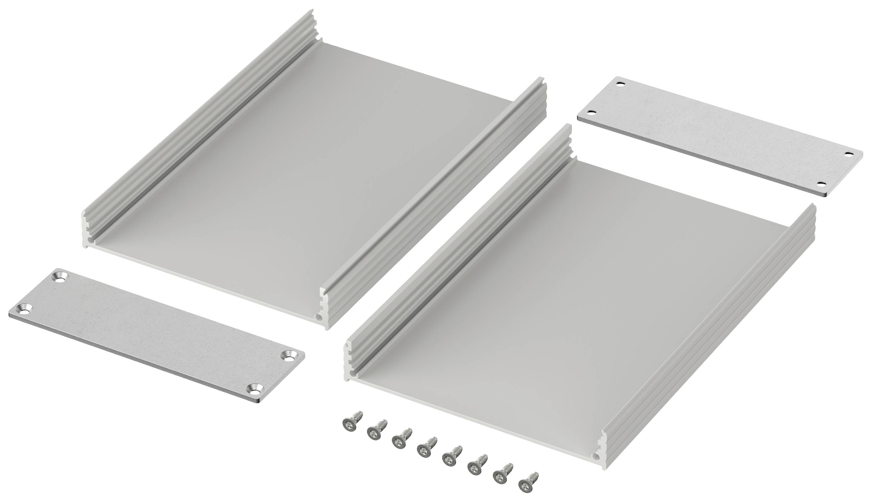 Un ensemble de boîtier métallique démontable composé de deux parties principales, de deux plaques d'extrémité et de huit vis, prêt à être assemblé.