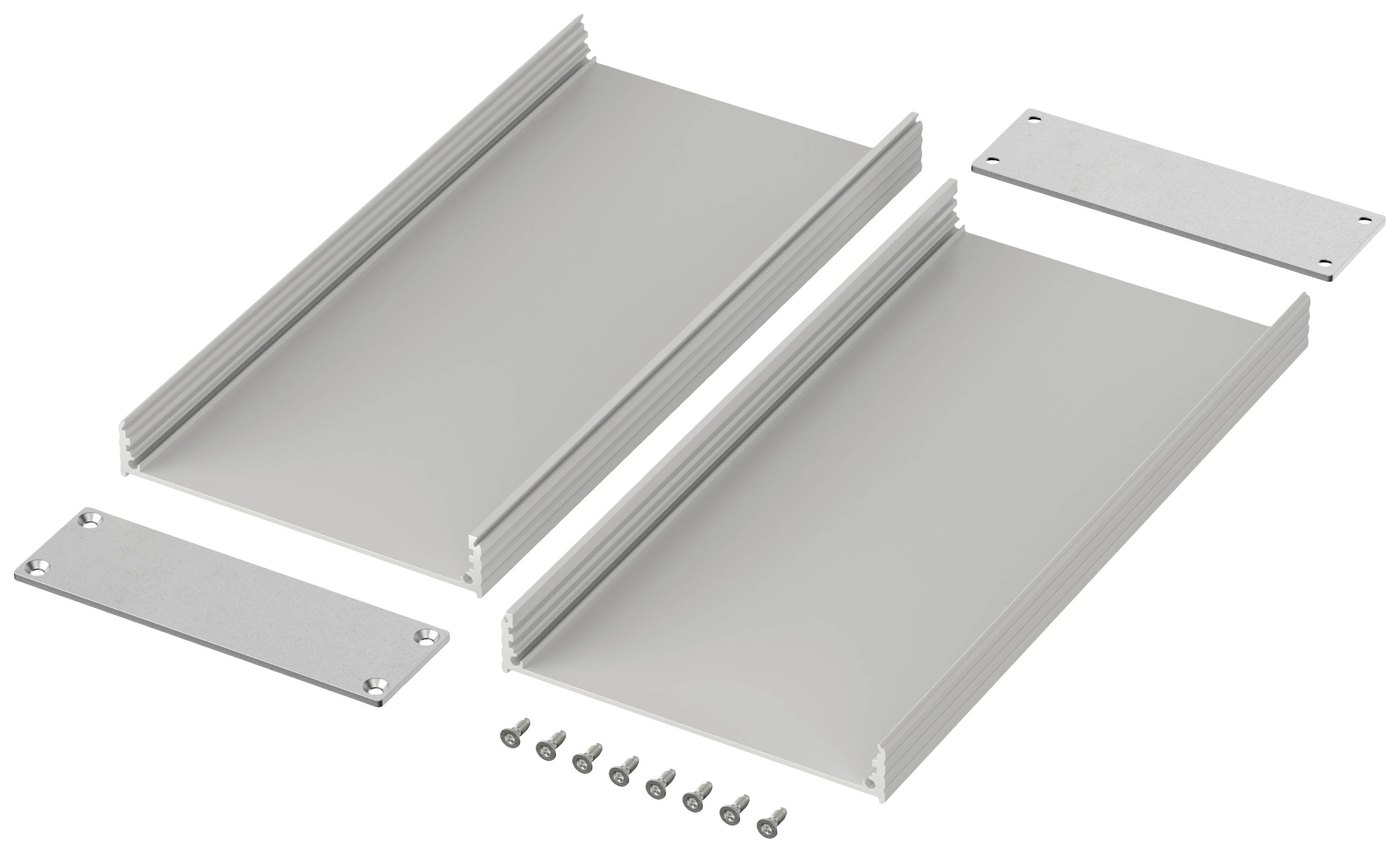 Boîtier métallique en kit comprenant deux plaques principales, des fixations latérales et des vis. Composants pour l'assemblage.