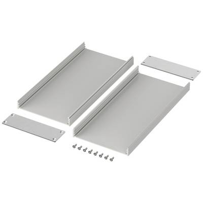 Boîtier métallique en kit comprenant deux plaques principales, des fixations latérales et des vis. Composants pour l'assemblage.