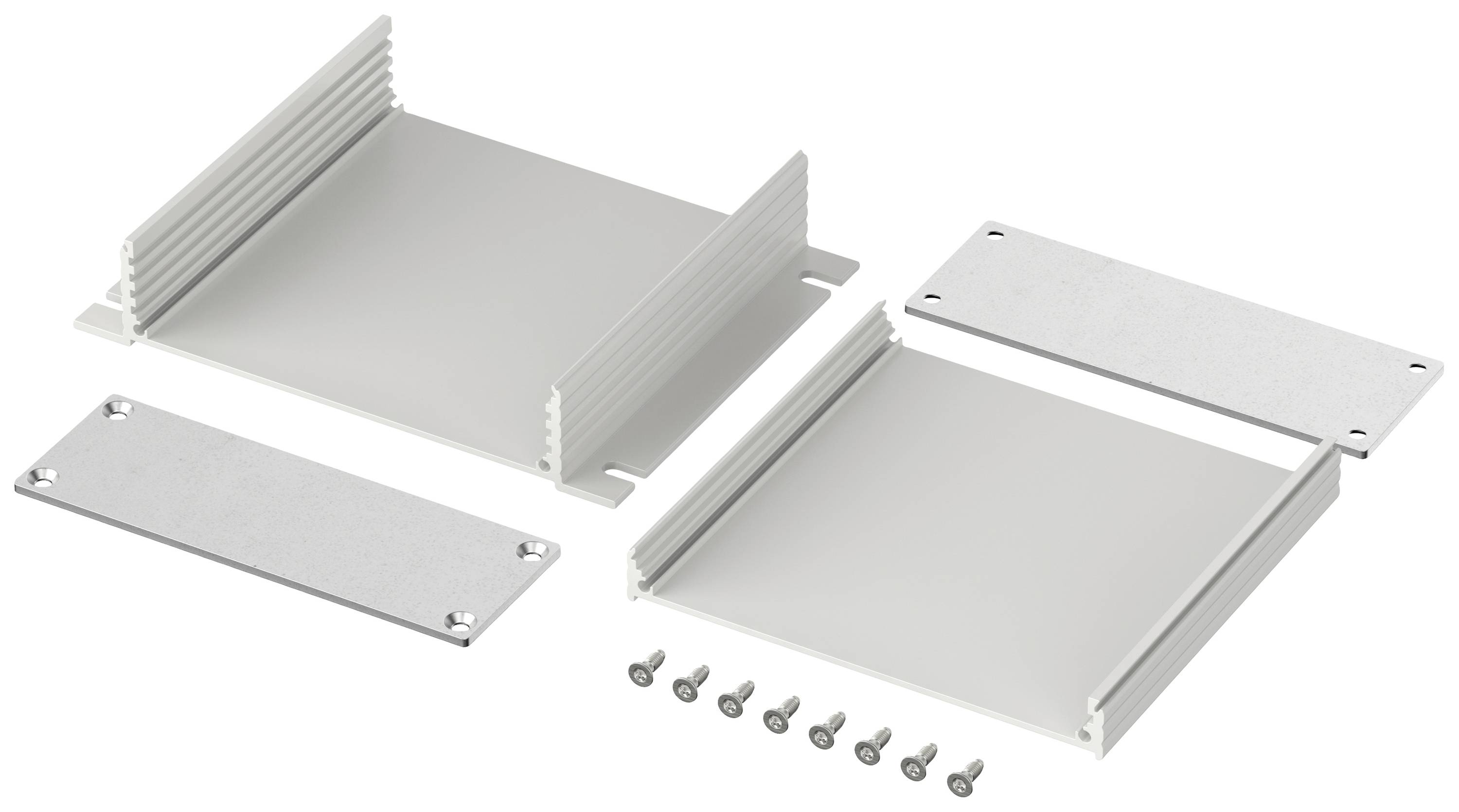 Kit de boîtier en aluminium avec couvercle et parois latérales. Au premier plan, des vis sont disposées pour fixer les différentes pièces.