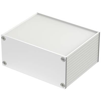 Boîte métallique blanche, rectangulaire, aux coins arrondis et avec des vis sur les côtés.