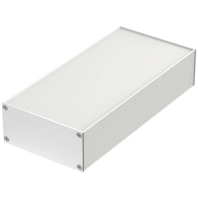 Boîtier électronique rectangulaire blanc avec rainures latérales et vis visibles aux angles.