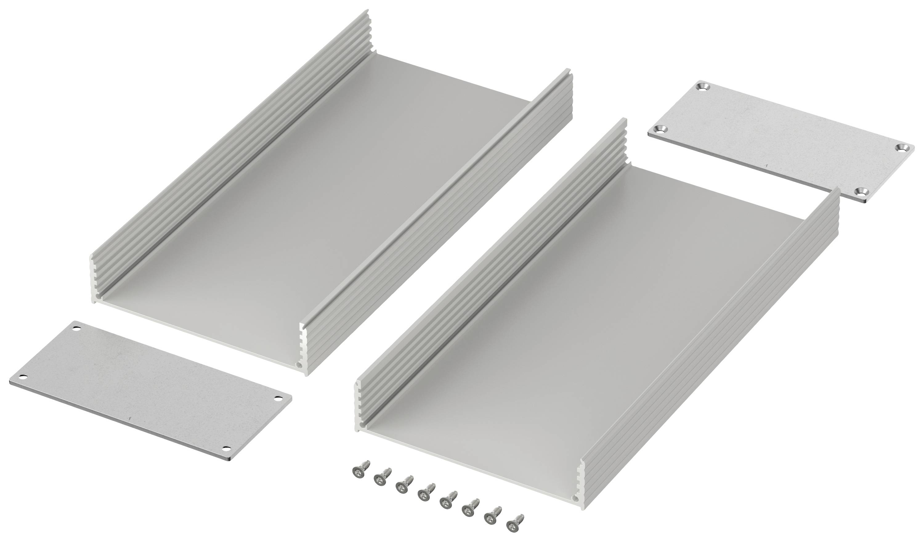 Kit de boîtier comprenant deux demi-coques et des plaques de couverture. Les vis pour fixer les pièces sont également représentées.