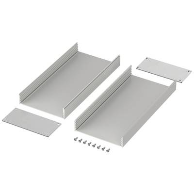 Kit de boîtier comprenant deux demi-coques et des plaques de couverture. Les vis pour fixer les pièces sont également représentées.
