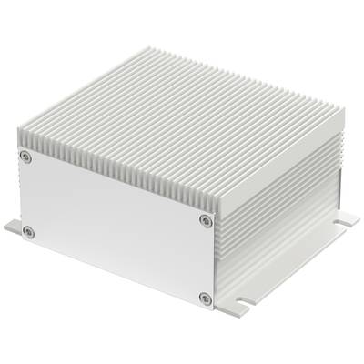 Un boîtier rectangulaire en argent avec des ailettes de refroidissement sur les côtés. Il comporte des vis aux angles et est conçu pour des applications techniques.