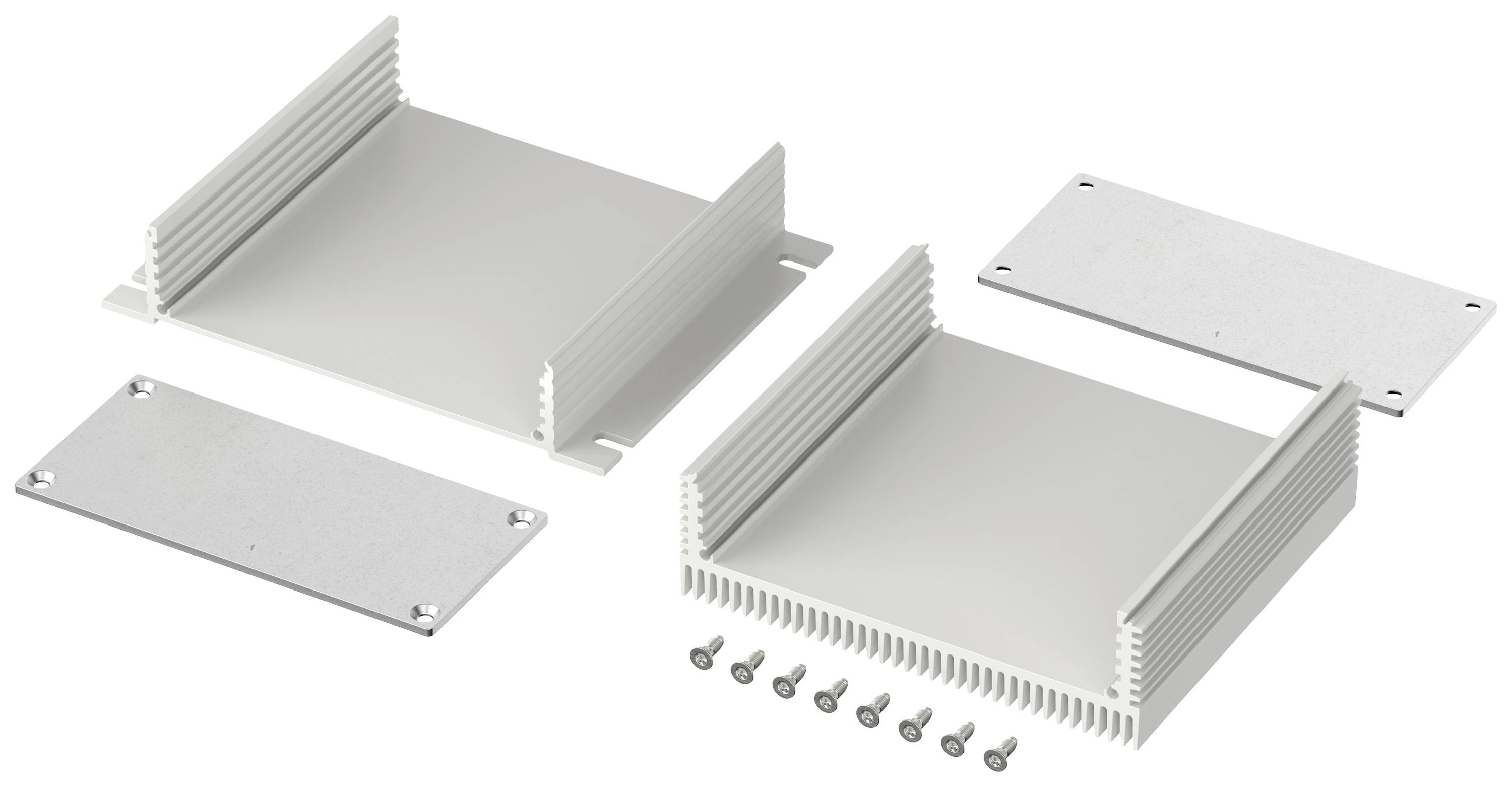Kit de boîtier métallique avec dissipateur thermique, composé de deux dissipateurs thermiques latéraux, de deux plaques de couverture et de plusieurs vis de montage.