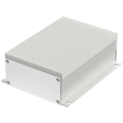 Un boîtier de refroidissement rectangulaire en métal argenté, à surface nervurée, probablement conçu pour dissiper la chaleur, sur fond blanc.