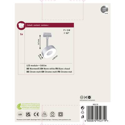 'Illustration d'un module LED de 500 lm en blanc chaud. Dimensions : 98 mm. Contient 1 pièce. Consommation énergétique : 5 W. Couleur : Chrome mat.'