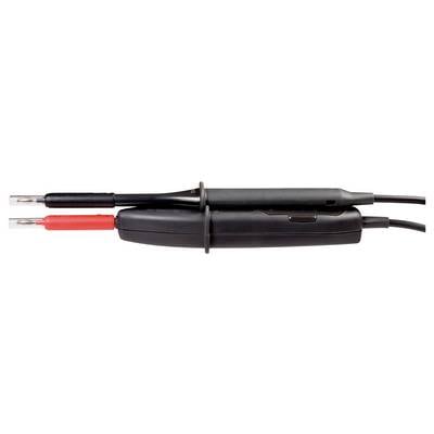 Deux sondes de mesure côte à côte, l'une avec une poignée noire et l'autre avec une poignée rouge, utilisées pour des mesures électriques.