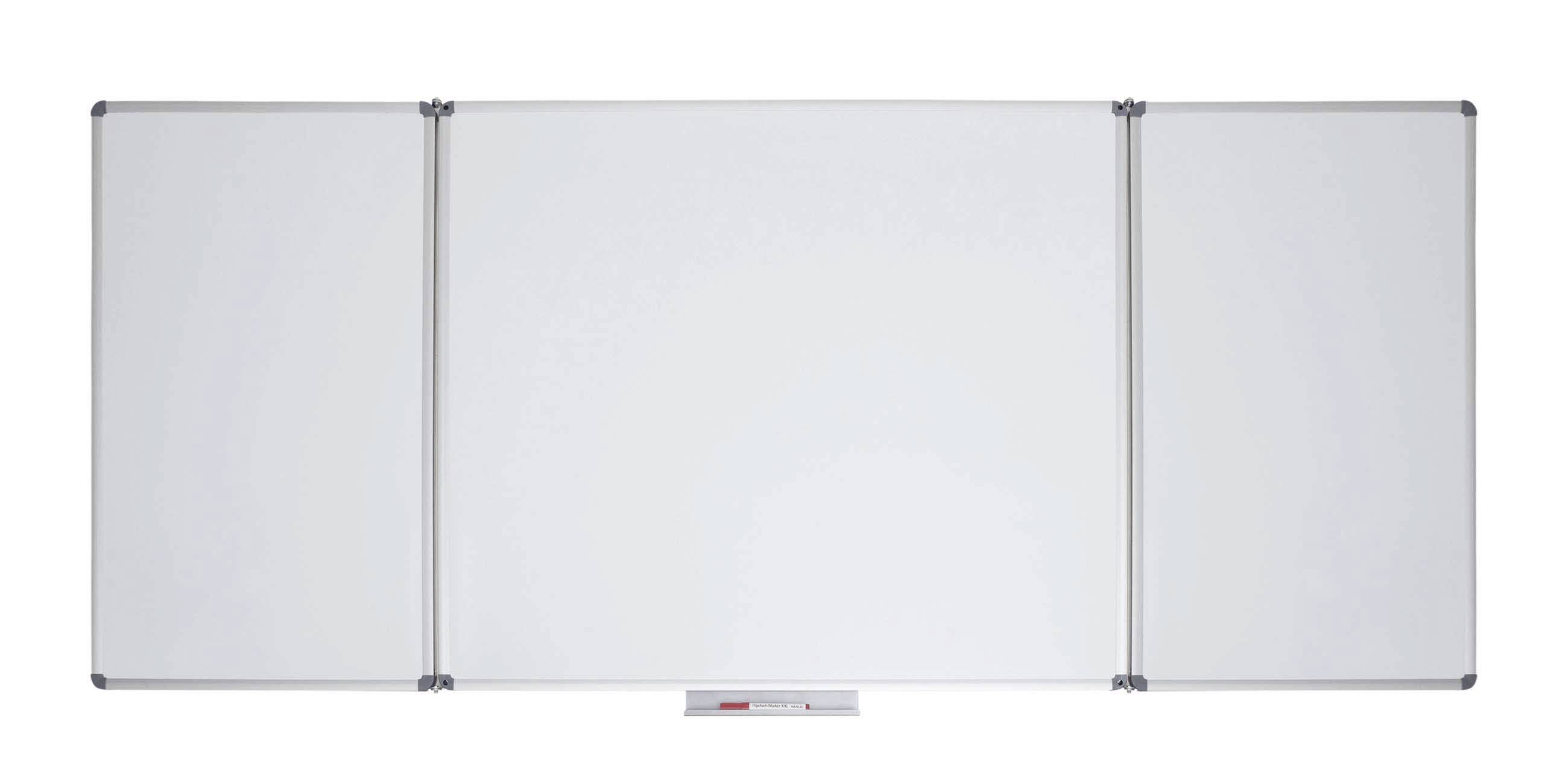 Tableau blanc à trois panneaux avec cadre argenté et plateau pour marqueurs, présenté vierge avec trois sections reliées.