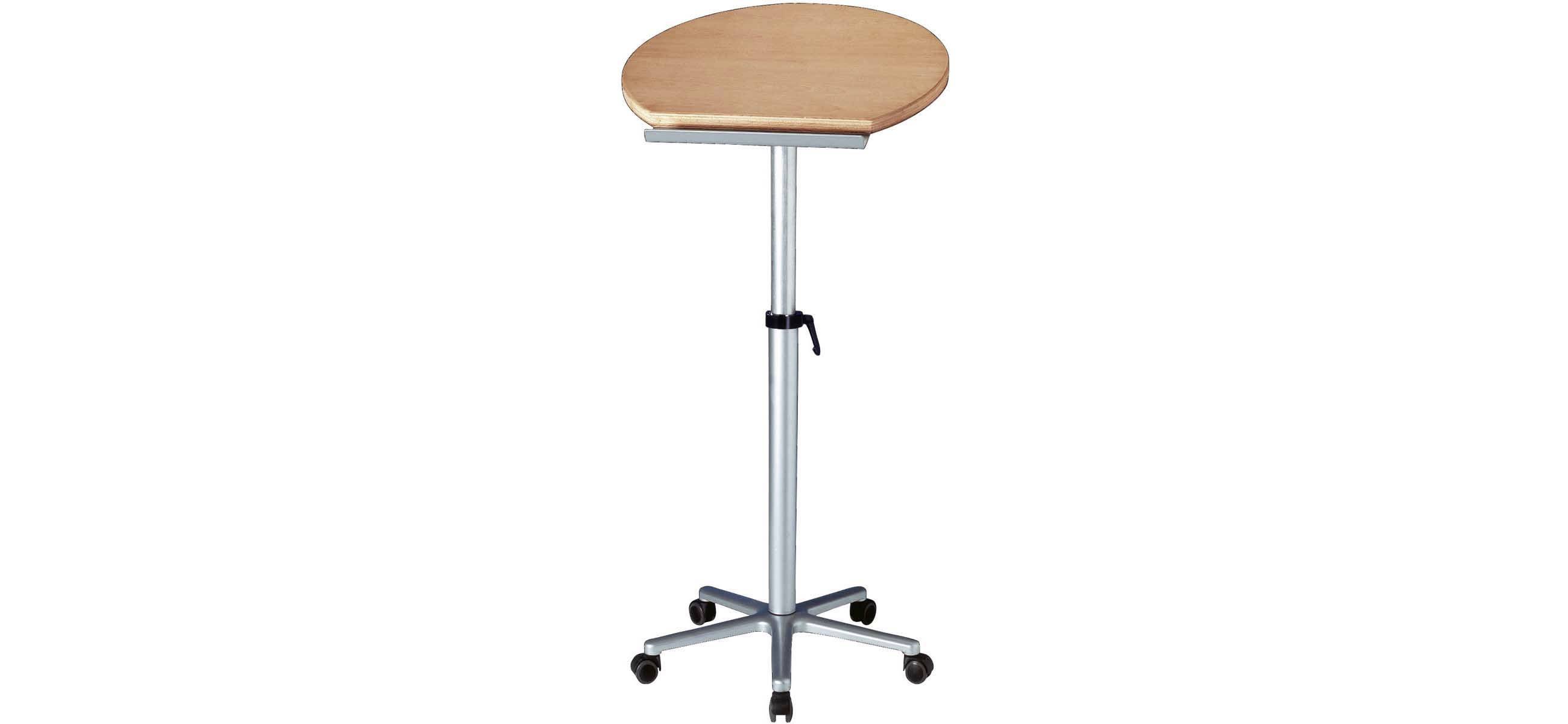 Table haute réglable sur colonne, avec plateau rond en bois et piètement métallique à cinq roulettes, sur fond blanc.