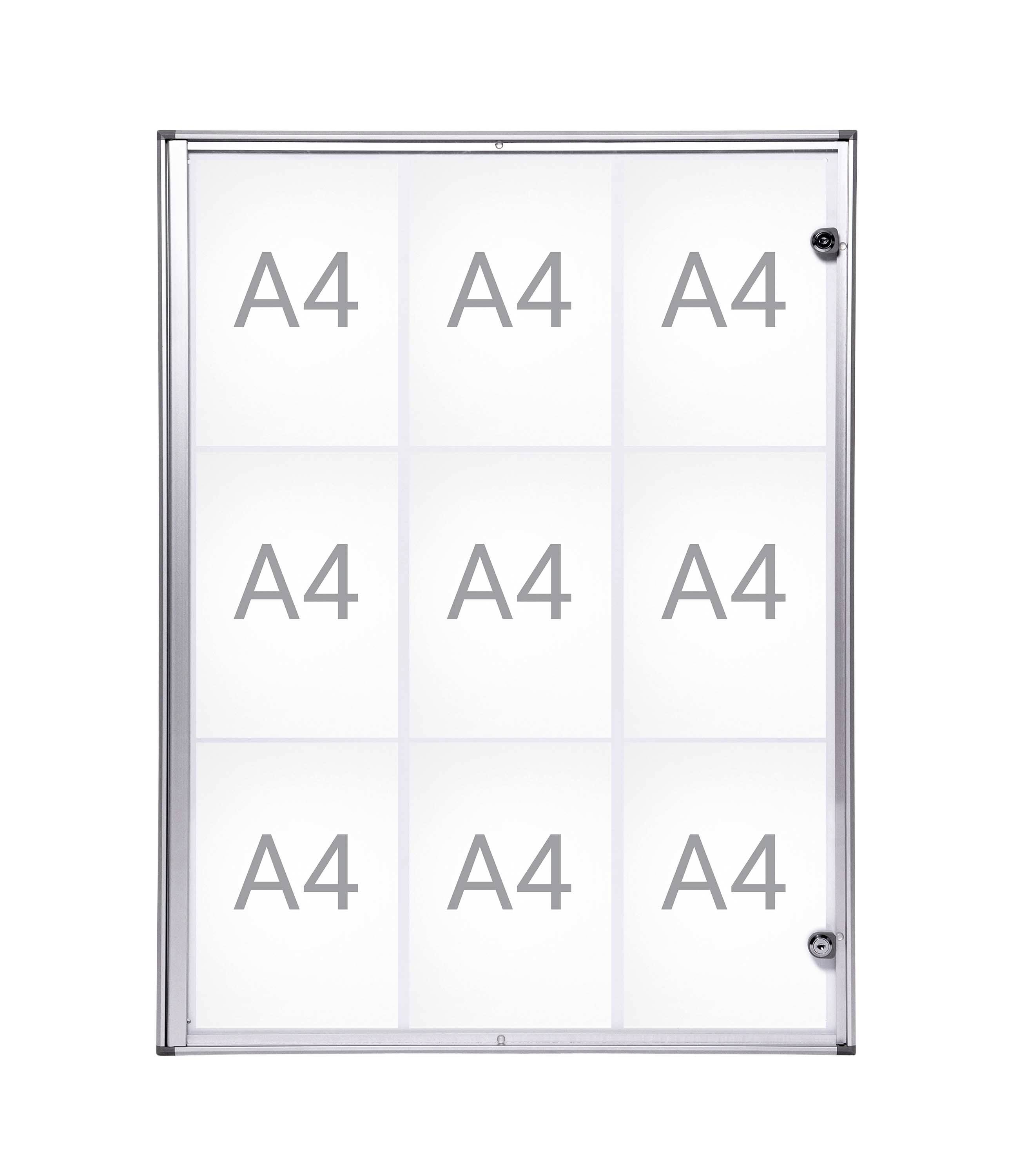 Vitrine murale d'affichage de documents avec neuf emplacements au format A4 disposés en grille de 3 sur 3, vue de face.