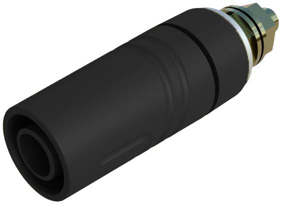 Prise électrique noire avec filetage métallique et isolation, adaptée aux applications industrielles.