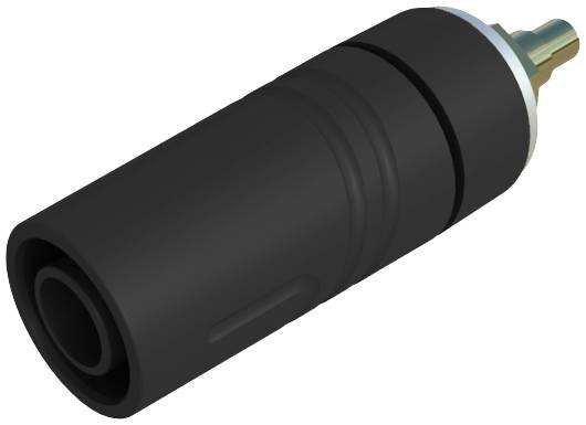 Adaptateur cylindrique noir avec un composant métallique sur un côté, probablement destiné à des connexions électriques.