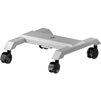 Chariot pour PC au design argenté avec quatre roulettes et largeur réglable pour un positionnement flexible d'un boîtier d'ordinateur.