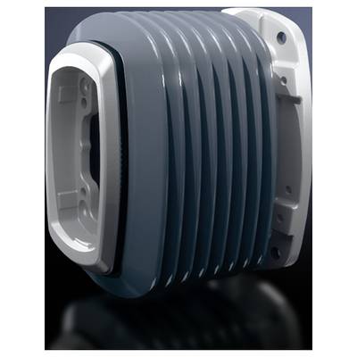 Boîtier en plastique gris nervuré d'un appareil électronique aux angles arrondis, présenté sur un fond noir.