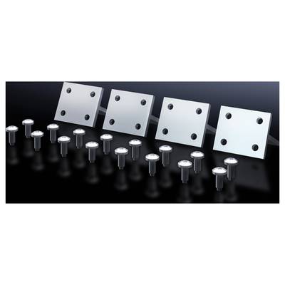 Quatre plaques métalliques carrées, chacune percée de quatre trous, disposées à côté de 16 vis alignées en deux rangées sur un fond noir.