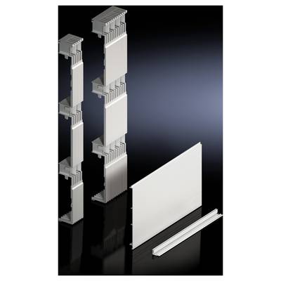 Deux profils métalliques verticaux à droite, un panneau horizontal en bas à gauche. Composants architecturaux ou d'ingénierie sur fond sombre.