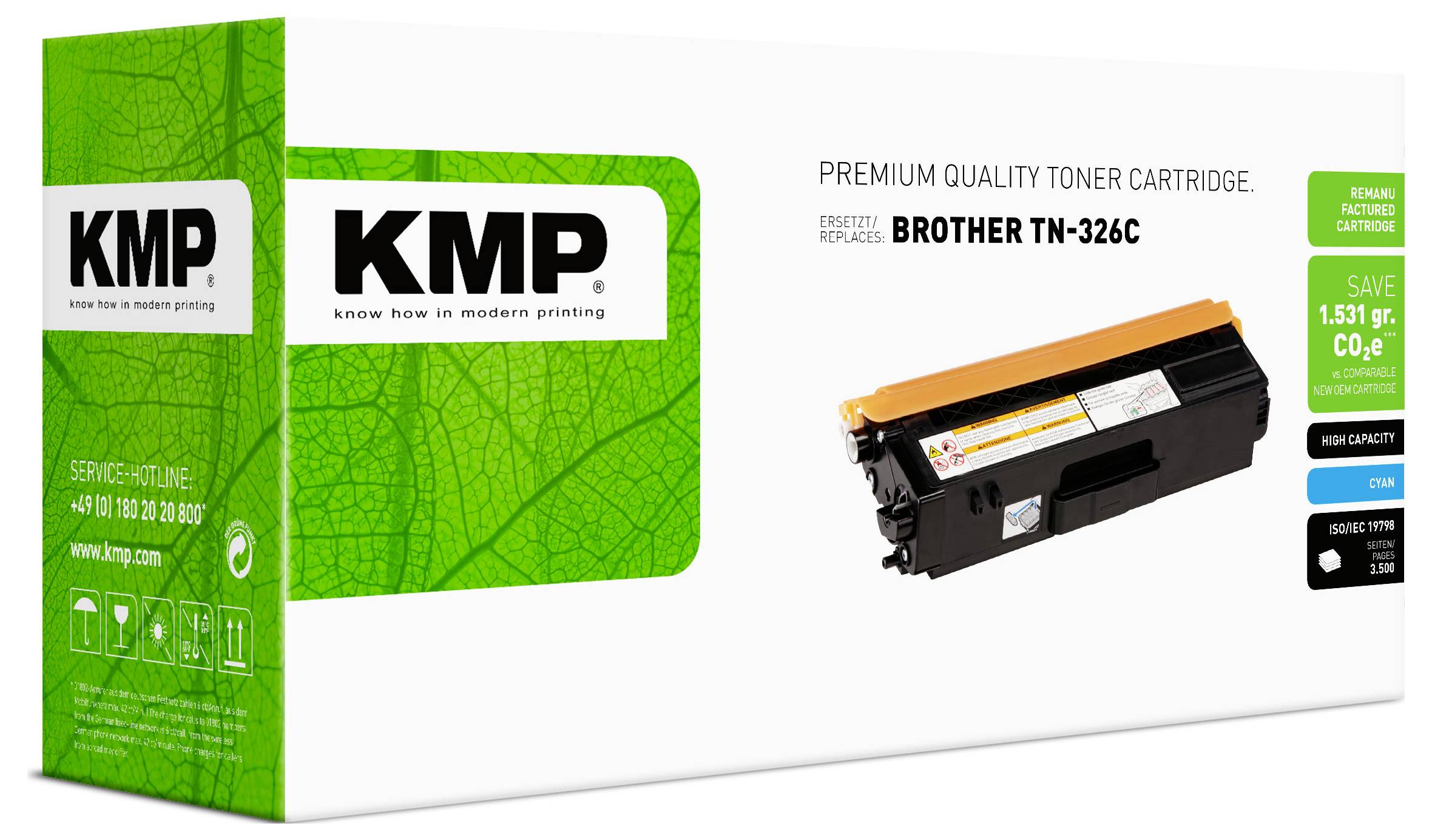 Emballage de cartouche de toner de qualité premium KMP pour Brother TN-326C, montrant l'image du produit de boîte verte et cartouche noire.