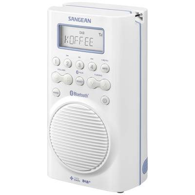 Radio portable DAB+ blanc avec haut-parleur, fonction Bluetooth et écran. Affiche 'CAFÉ'. Boutons de commande en haut pour le volume et le menu.
