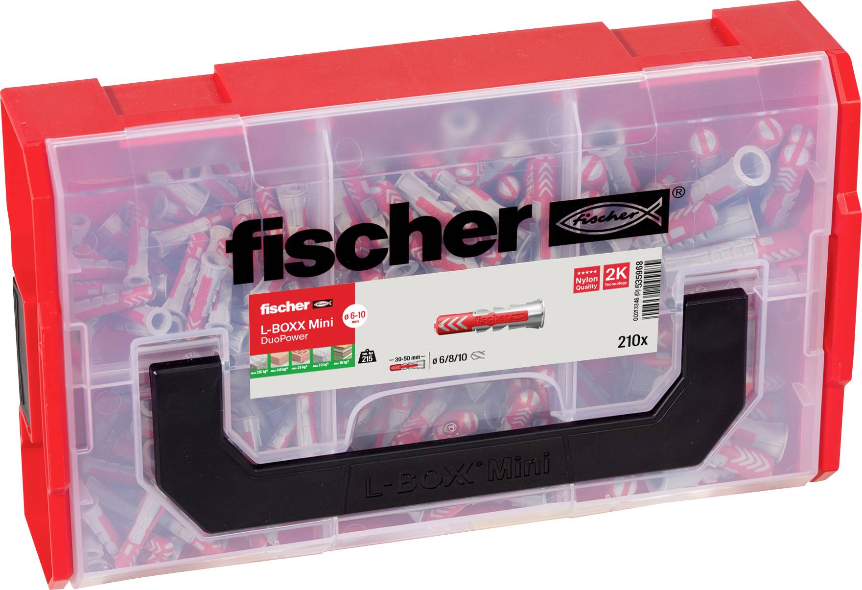 Un boîtier en plastique rouge portant l'inscription 'fischer L-BOXX Mini DuoPower'. Contient 210 chevilles grises et rouges.