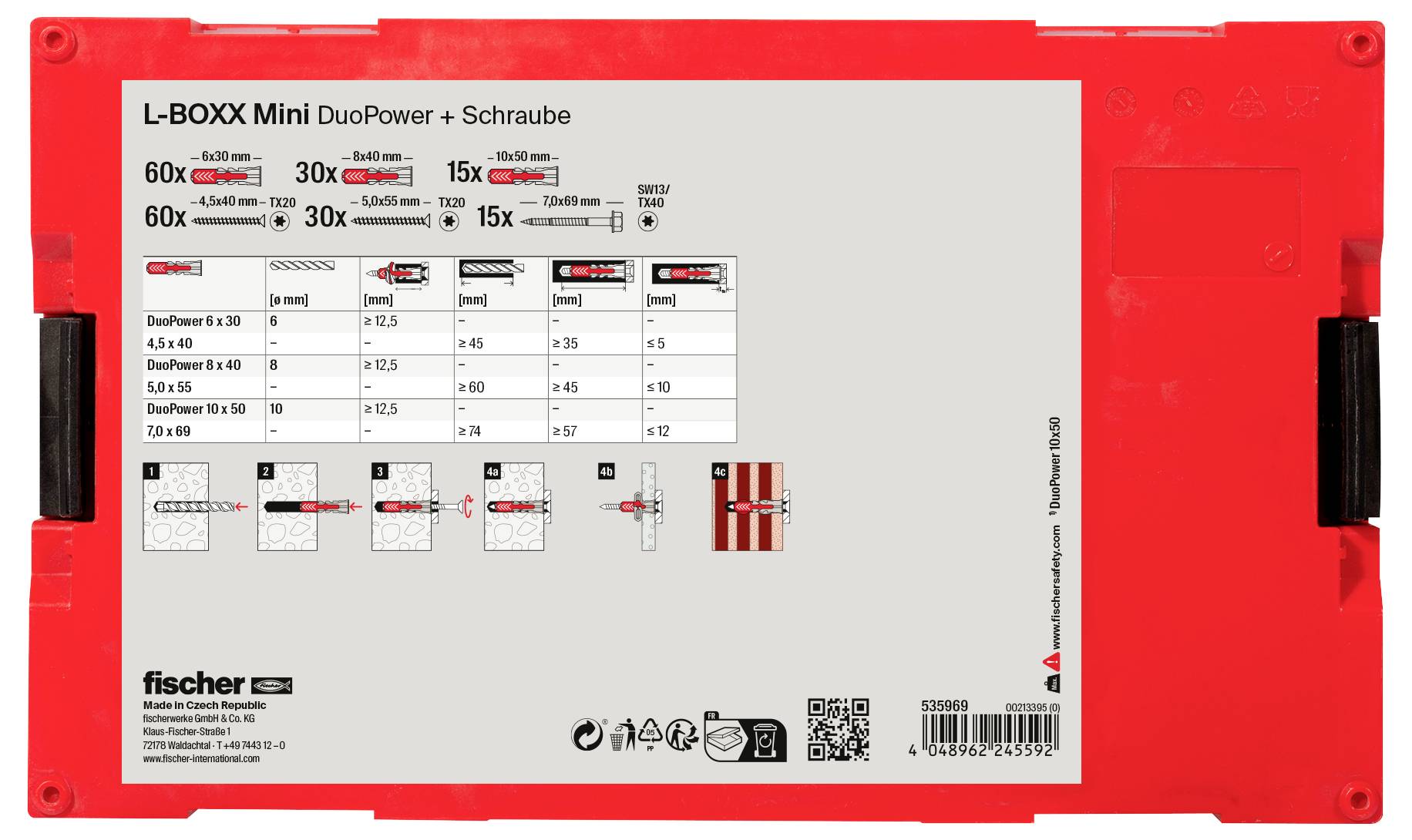 Boîte L-BOXX Mini DuoPower et Vis avec dessin détaillé des tailles, types et applications de chevilles.