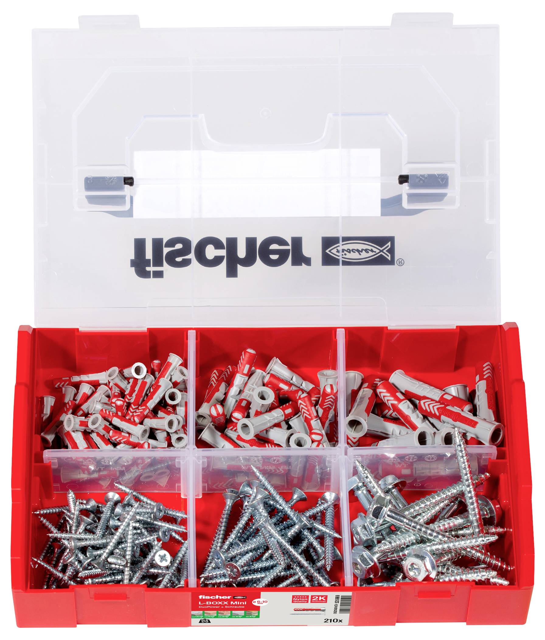 Boîte de rangement rouge contenant différentes tailles de vis et de chevilles dans des compartiments séparés, avec un couvercle transparent portant le logo de la marque.