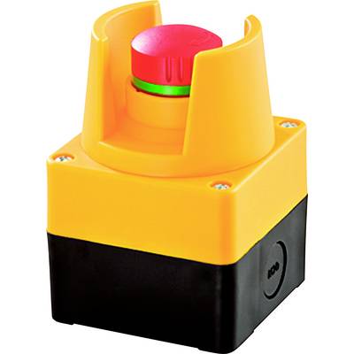 Bouton d'arrêt d'urgence industriel jaune avec un champignon rouge sur une base noire, présenté isolé sur un fond blanc.