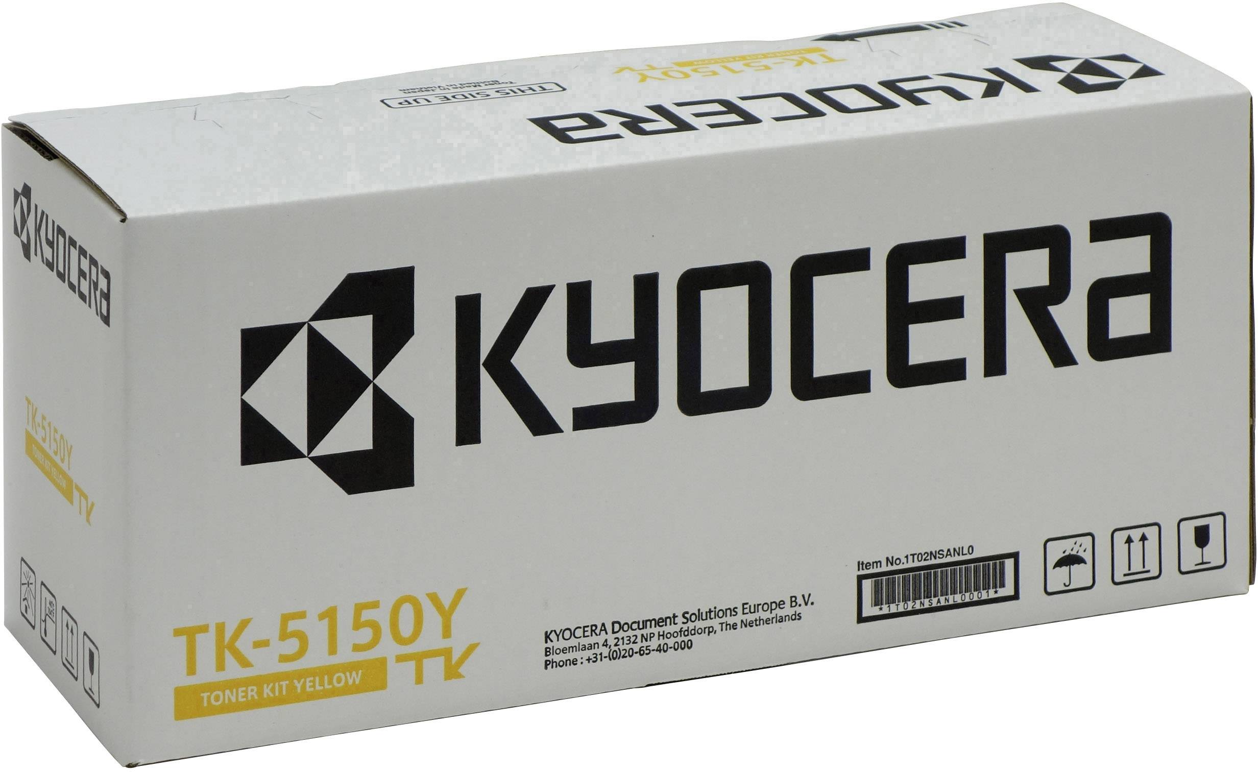 Kit de toner Kyocera TK-5150Y dans un emballage jaune, adapté aux imprimantes. Contient des indications sur les matériaux recyclables et des symboles de manipulation.