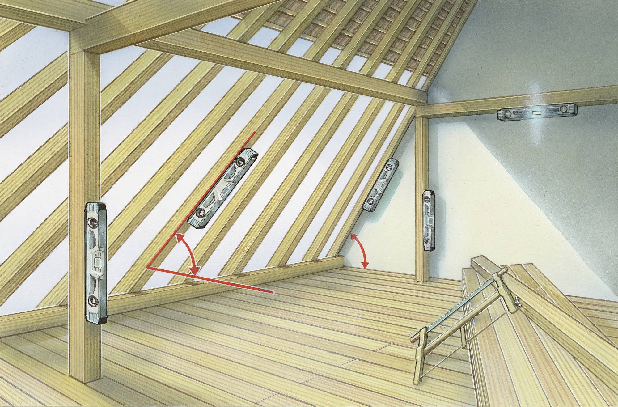 Représentation d'un grenier avec une structure de poutres en bois. Des flèches rouges pointent vers certains angles et un niveau à bulle mesure la planéité.