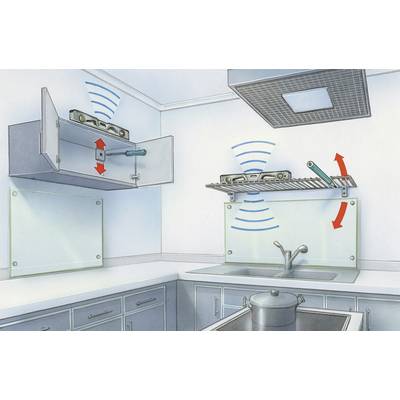 Illustration d'une cuisine équipée d'armoires et d'étagères munies de capteurs de mouvement qui s'ouvrent et se ferment automatiquement. Une hotte aspirante est visible au plafond.