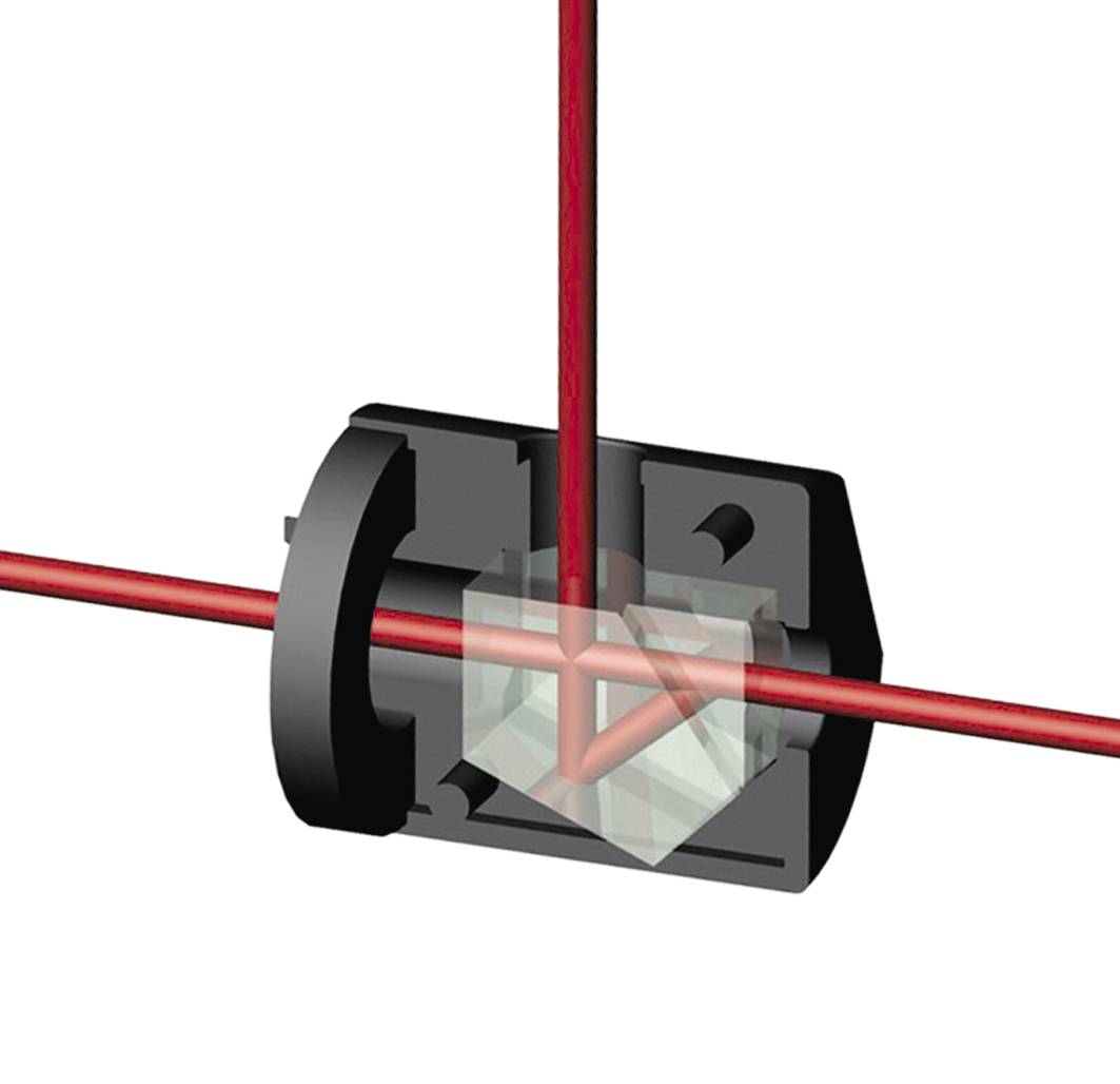 Un faisceau laser est dévié de 90 degrés à l'aide d'un prisme optique, en traversant le prisme et en changeant de direction.