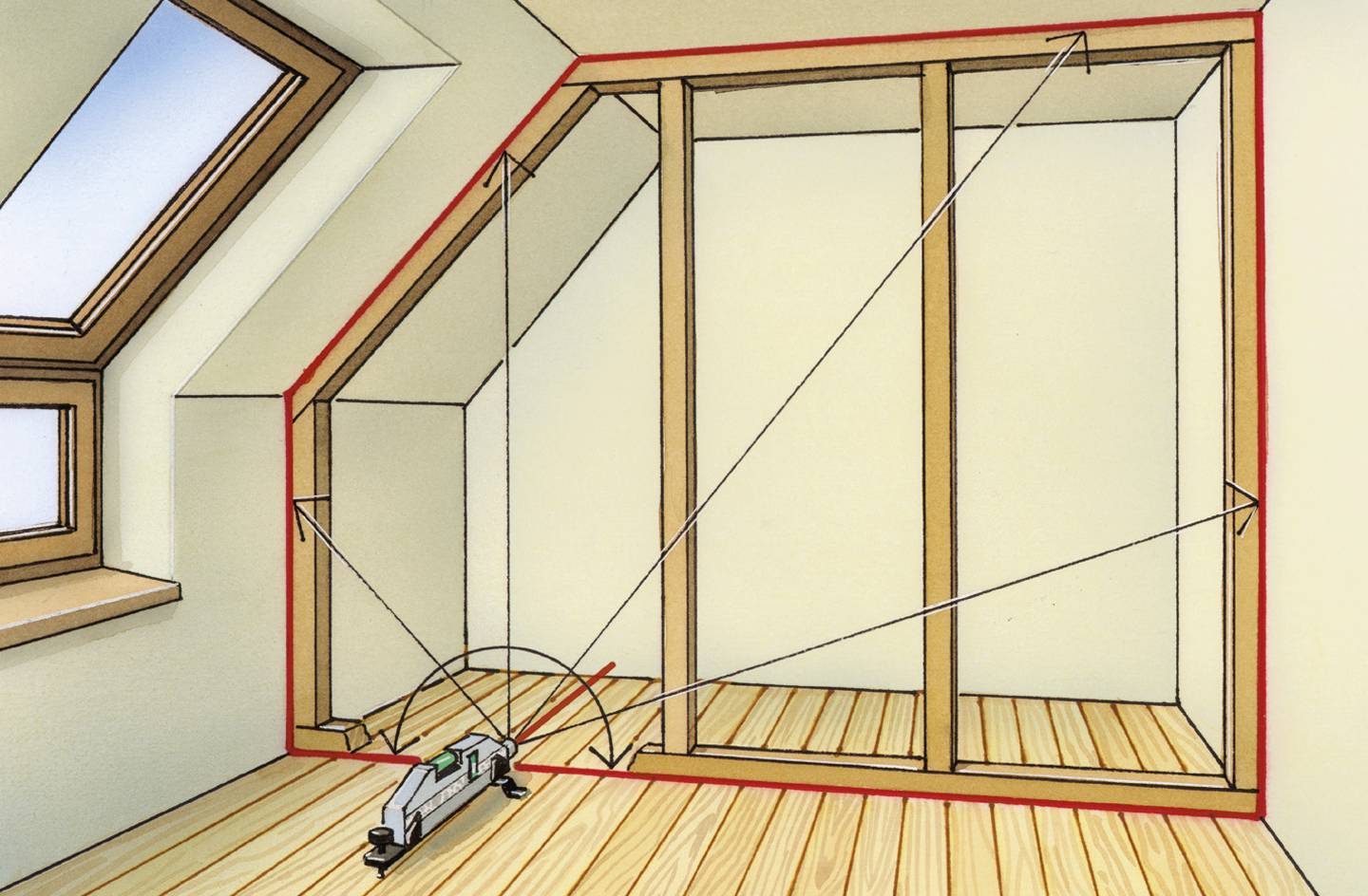 Plan de construction d'un aménagement de combles avec structure en bois. Murs marqués par des lignes rouges. Des instruments de mesure indiquent les angles et les distances.
