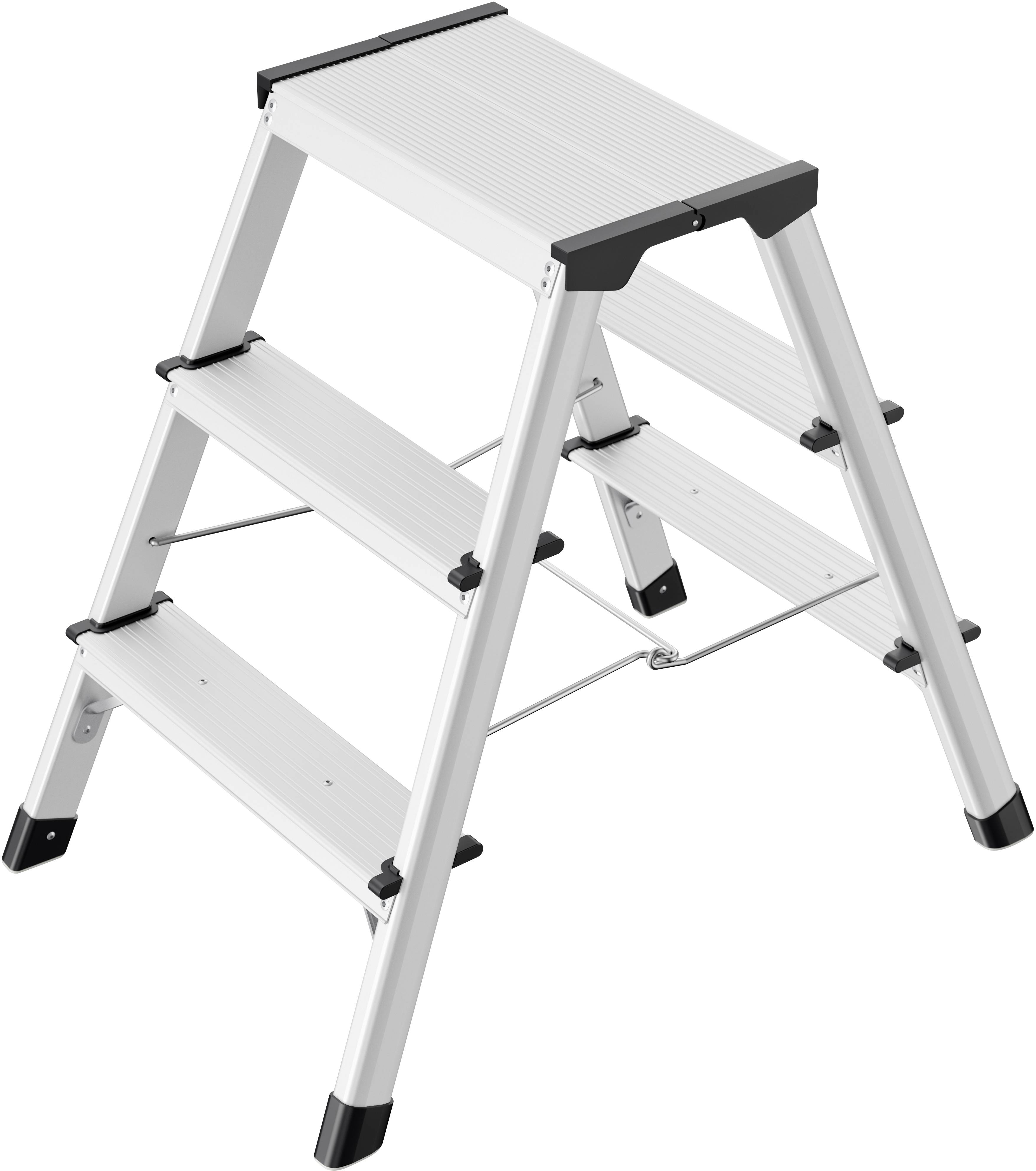 Une échelle pliante blanche à trois marches et pieds noirs stables. Idéale pour une utilisation domestique ou pour des travaux en hauteur.