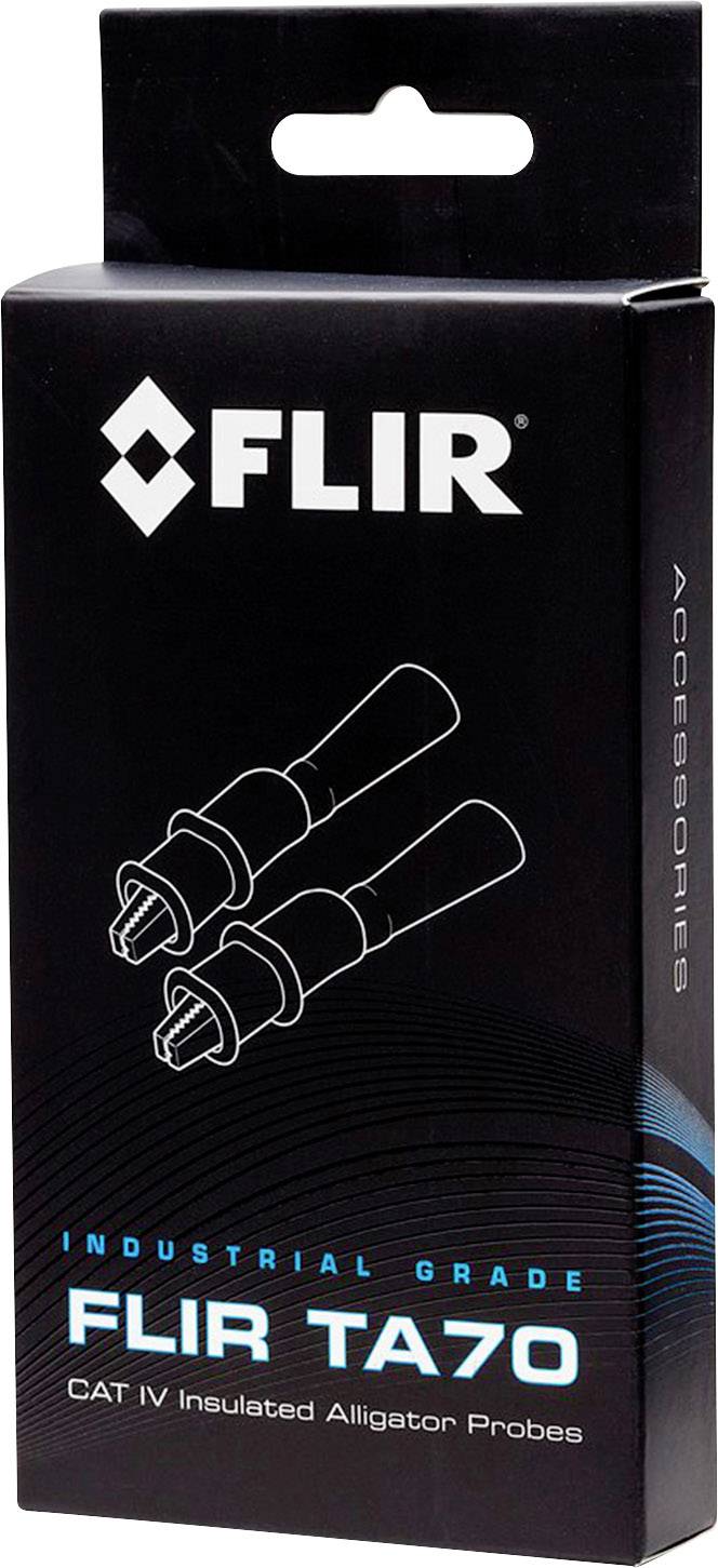 Emballage noir des pinces crocodiles isolées 'FLIR TA70' CAT IV, norme industrielle, avec illustration des pinces dessus.
