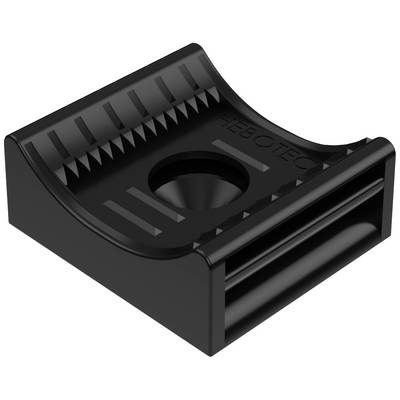 Bloc en plastique noir avec une forme bombée au centre et des rainures sur la surface. Contient l'inscription 'HEBOTECH'.