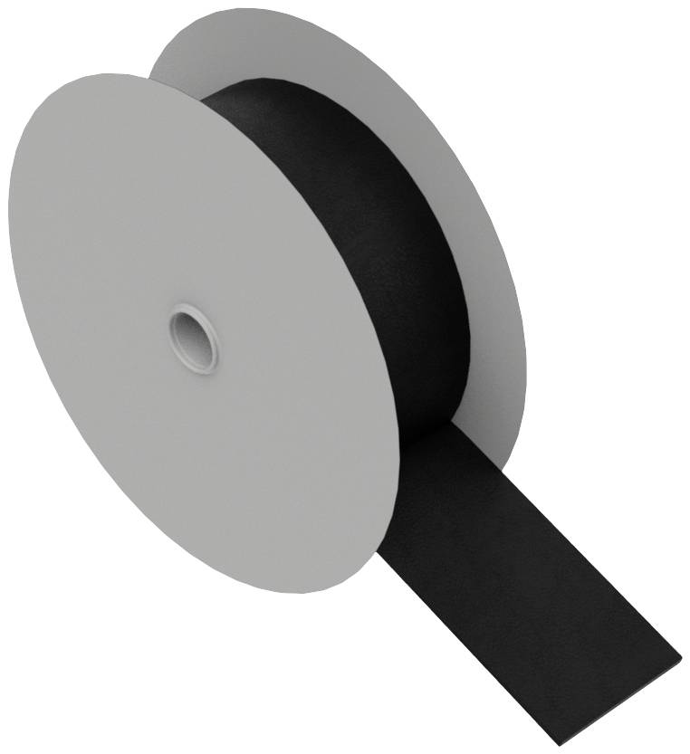 Un grand rouleau avec un ruban noir partiellement déroulé, sur un fond blanc.