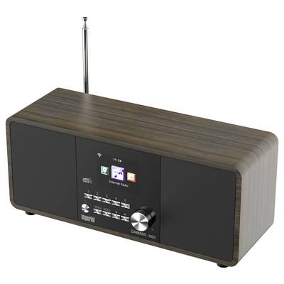 Arrière d'un poste de radio en bois avec antenne, interrupteur marche/arrêt, port LAN, USB, entrée/sortie AUX et connecteur d'alimentation. Modèle : 'IMPERIAL DABMAN i200'.