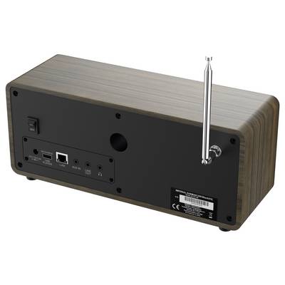 Radio numérique avec boîtier en bois brun. Grand écran affichant 'STAR/SAT RADIO'. Boutons et touches pour la sélection des stations et le contrôle.