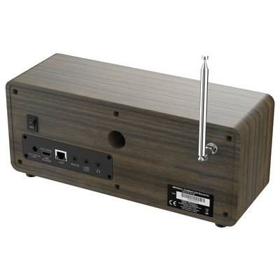 Face arrière en bois d'un appareil avec des connexions : interrupteur secteur, ports LAN, AUX-IN, LINE-OUT et alimentation électrique. Nom de la marque visible.