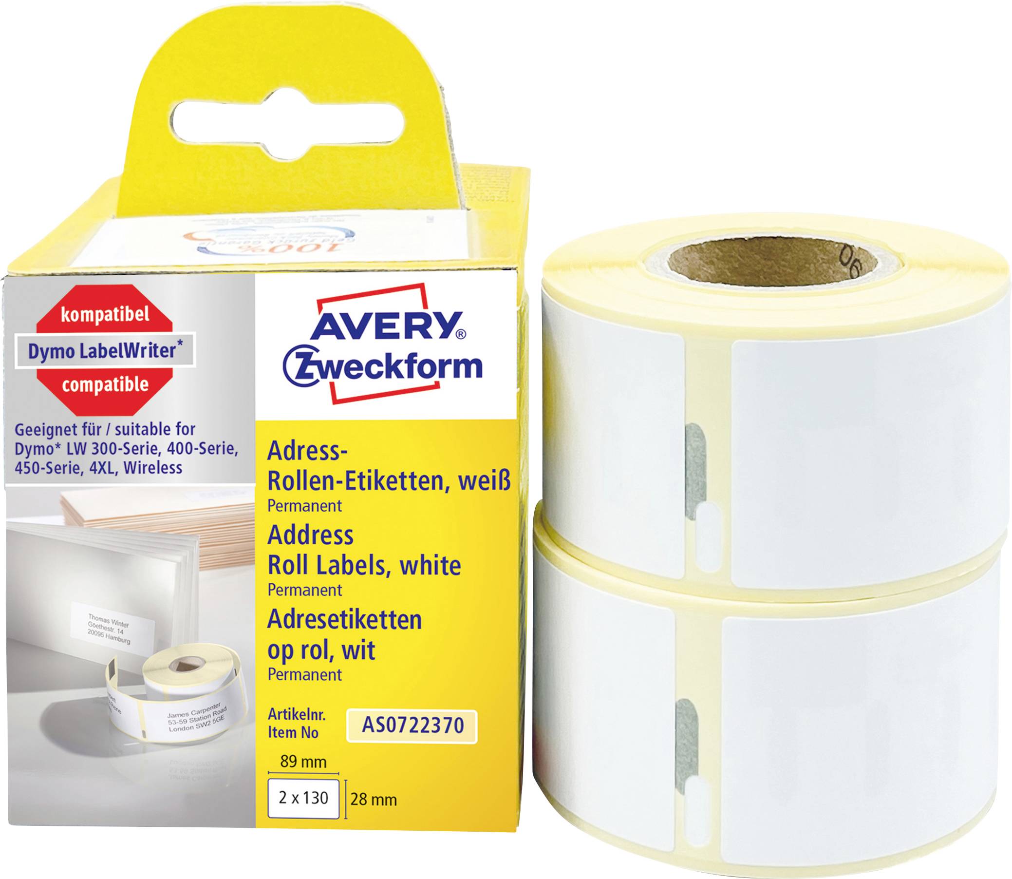 Étiquettes d'adresse blanches permanentes Avery Zweckform en rouleau, présentées avec la boîte de produit et deux rouleaux d'étiquettes empilés ; compatible avec Dymo LabelWriter.