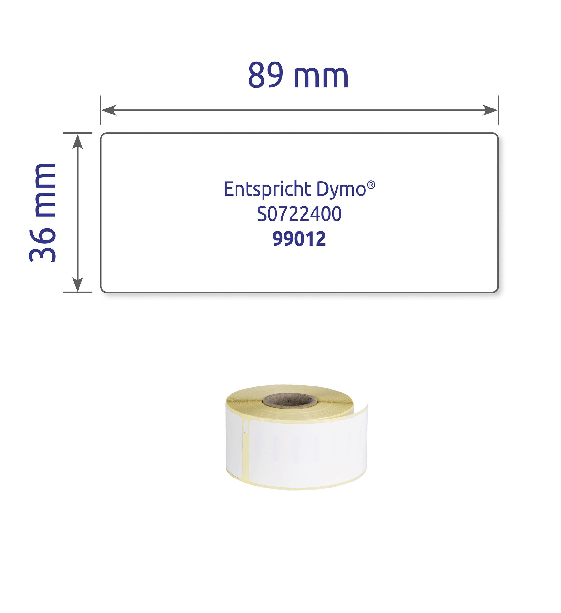 Étiquette de dimensions 89 x 36 mm, portant l'inscription 'Équivaut à Dymo® S0722400 99012', avec un rouleau de telles étiquettes en dessous.