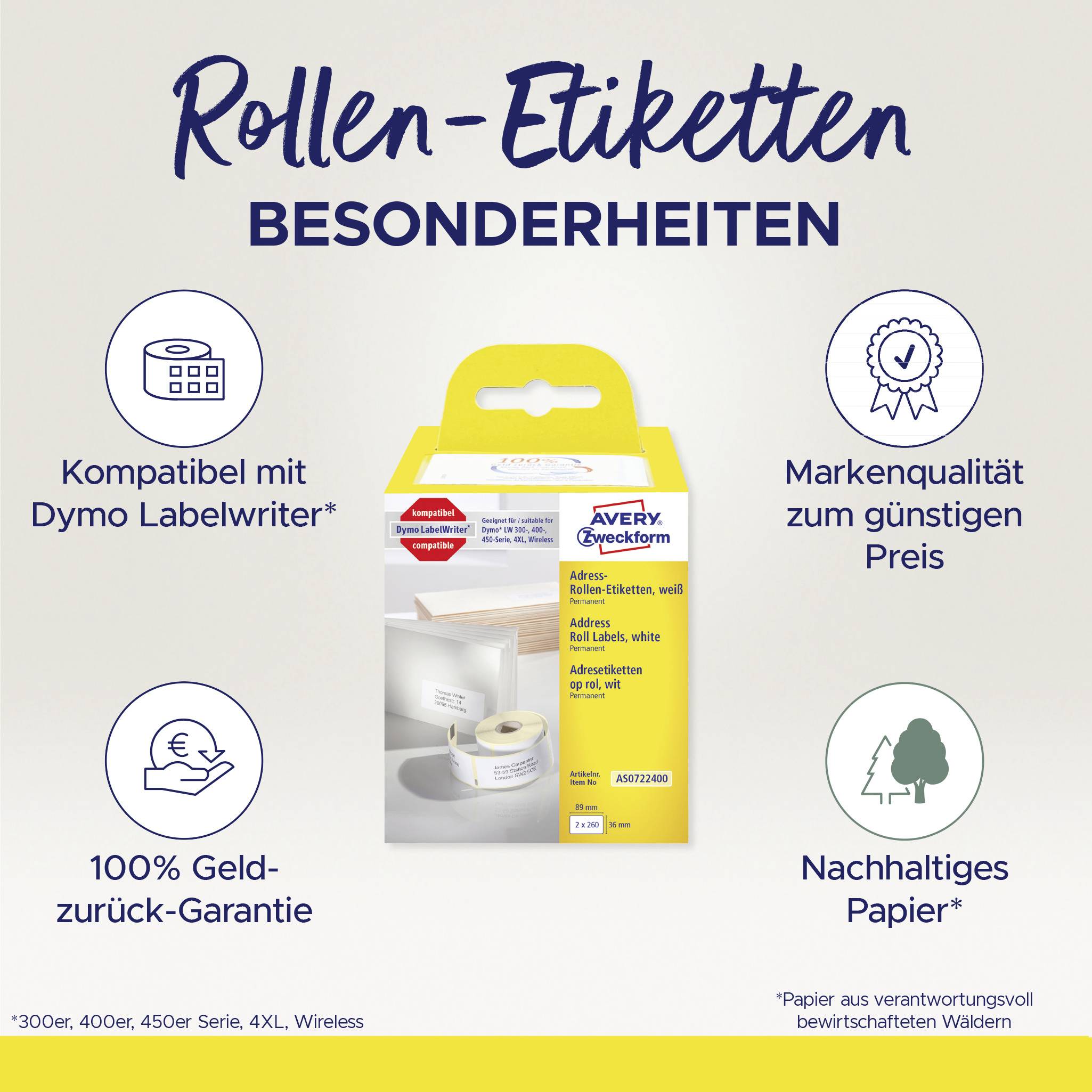 Particularités des Étiquettes en Rouleau : Compatible avec Dymo Labelwriter, Garantie de remboursement à 100 %, Qualité de marque, Papier durable.