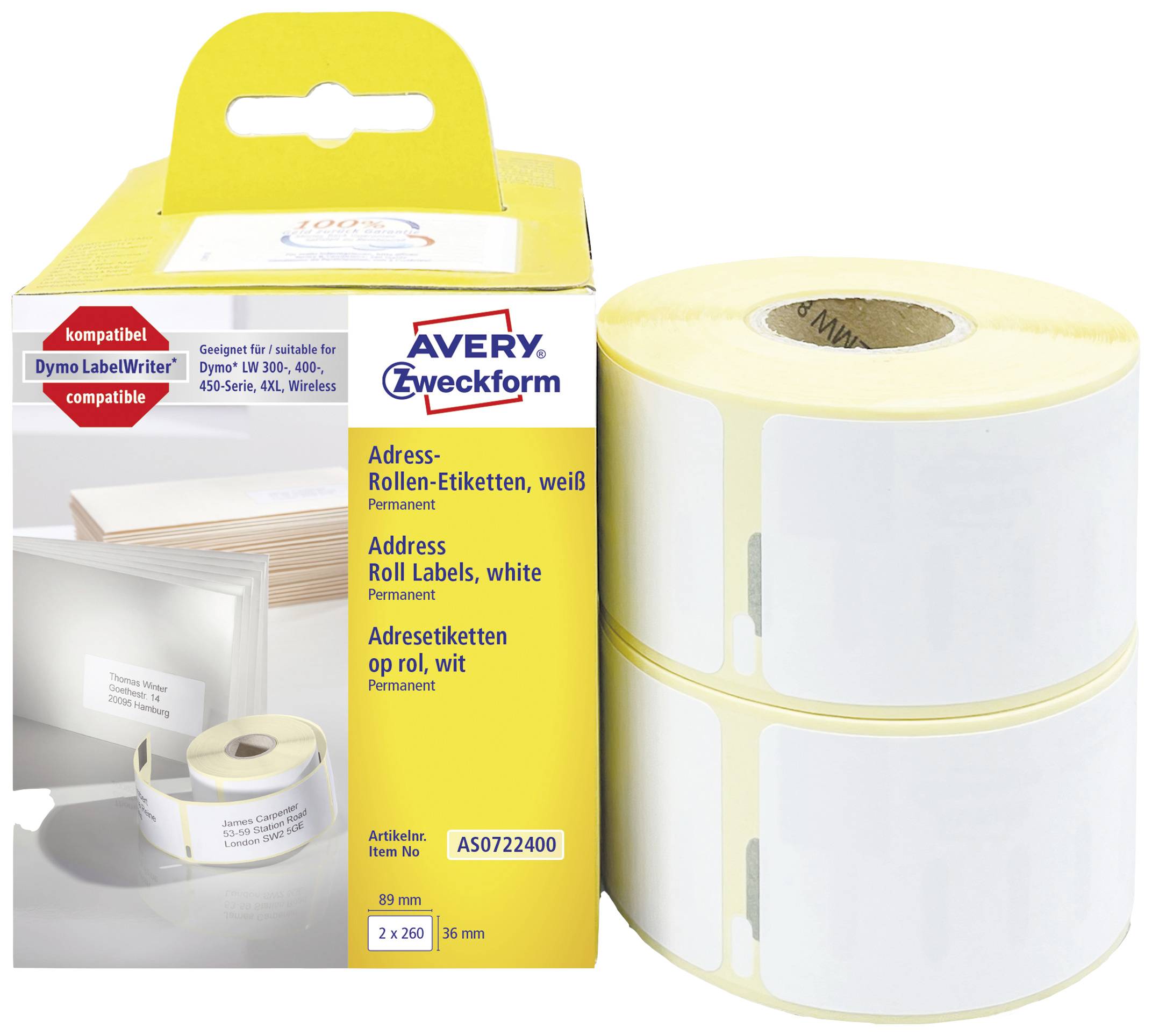 Avery-Zweckform Rouleau d'étiquettes 89 x 36 mm papier blanc 520 pc(s) fixation permanente AS0722400 Etiquette pour adre