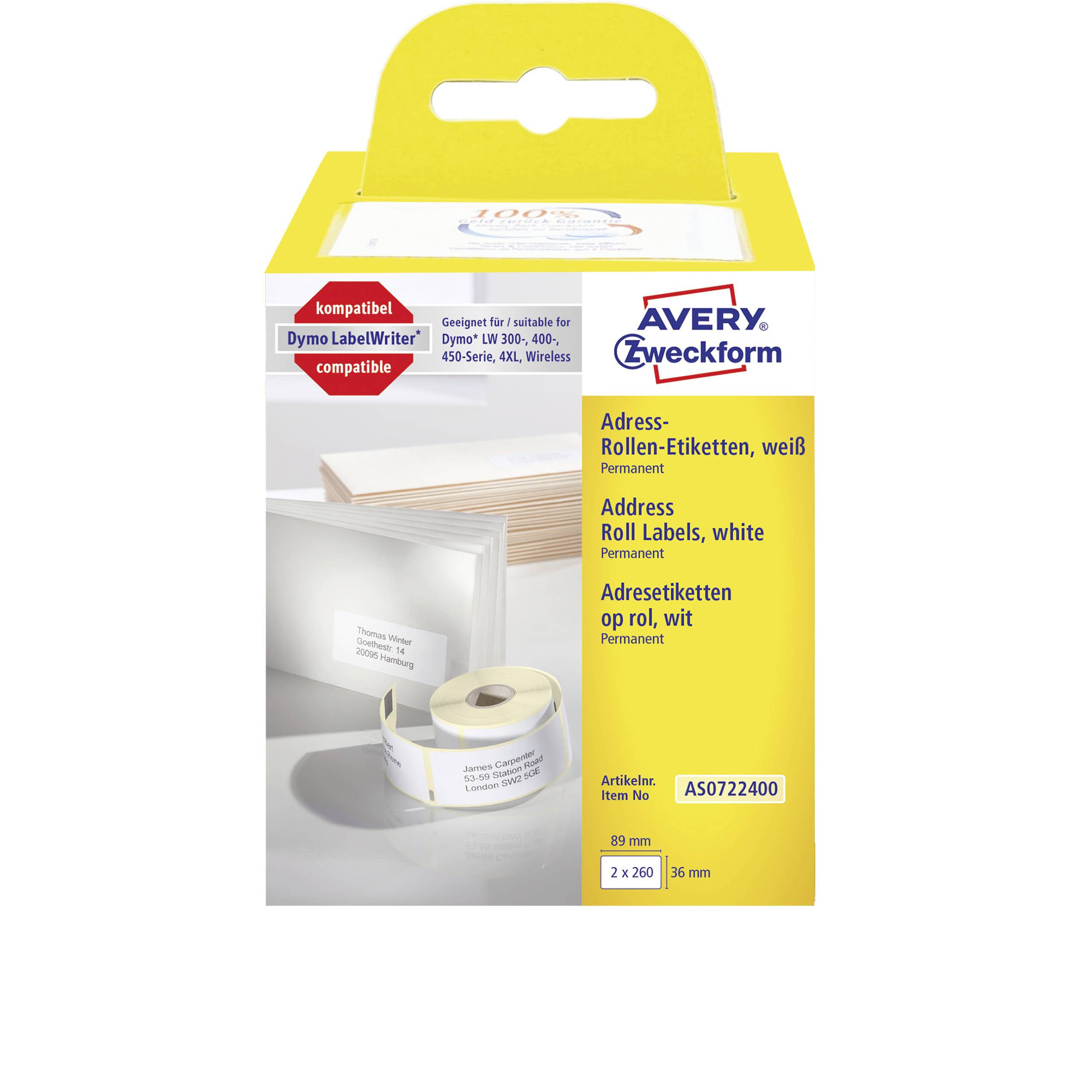 Étiquettes d'adresse blanches Avery Zweckform, compatibles avec les étiqueteuses Dymo LabelWriter, sur rouleau ; adaptées pour l'étiquetage et l'expédition.