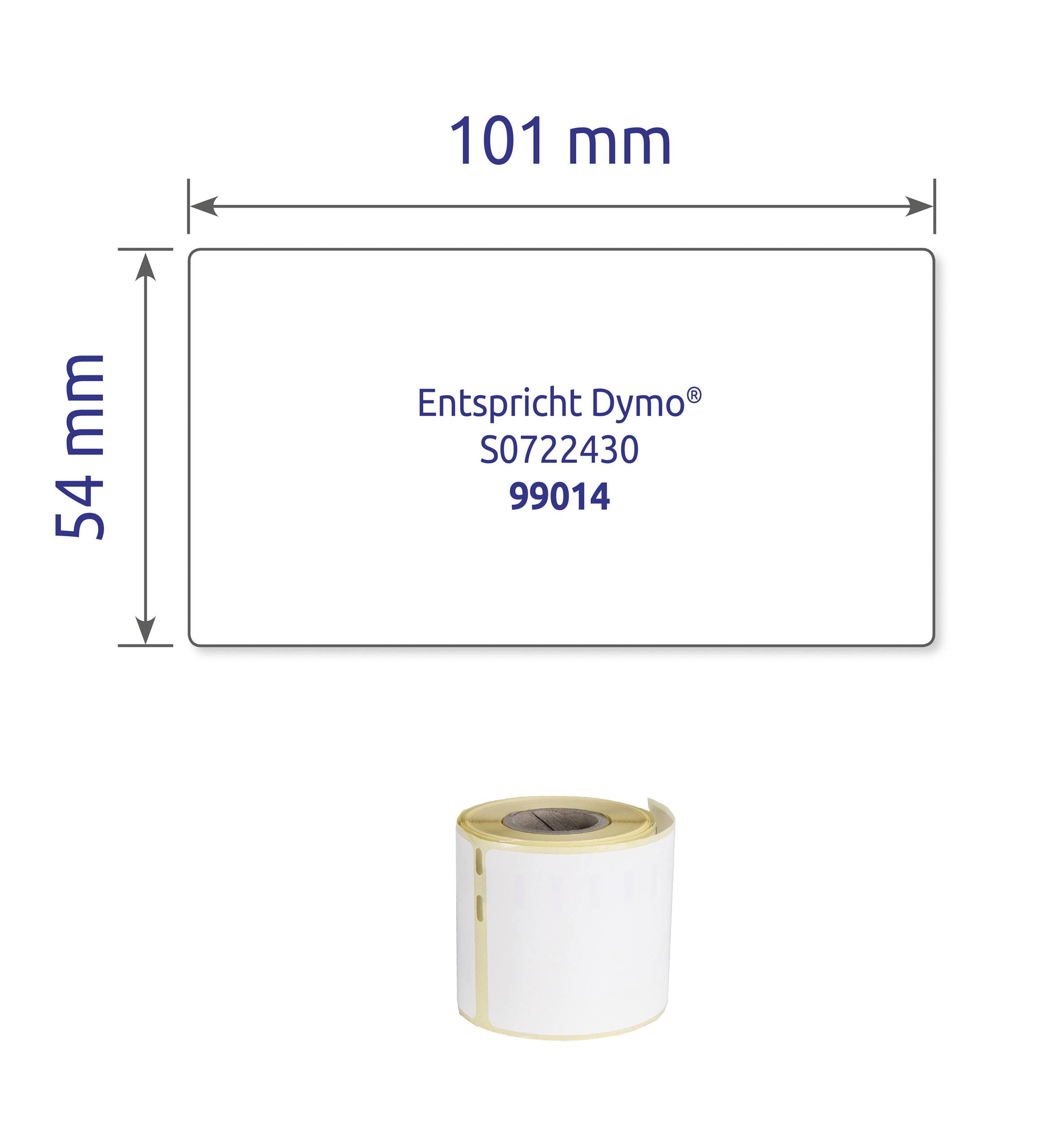 Étiquette aux dimensions 101 mm x 54 mm portant le texte 'Correspond à Dymo® S0722430 99014'. En dessous, un rouleau d'étiquettes.