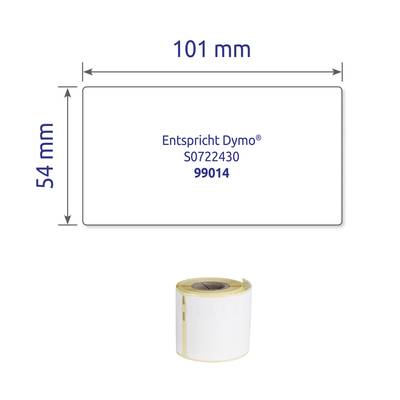 Étiquette aux dimensions 101 mm x 54 mm portant le texte 'Correspond à Dymo® S0722430 99014'. En dessous, un rouleau d'étiquettes.